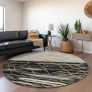 Piper Looms Mayfield Stripes AMF1025 Black Machine Washable Area Rug Round Lifestyle Image Feature