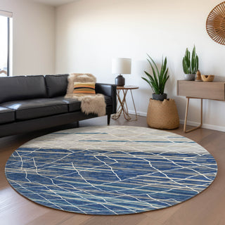 Piper Looms Mayfield Stripes AMF1025 Navy Machine Washable Area Rug Round Lifestyle Image Feature