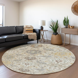 Piper Looms Mayfield Damask AMF1026 Beige Machine Washable Area Rug Round Lifestyle Image Feature
