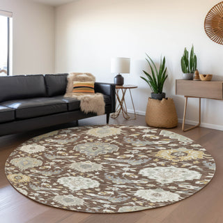 Piper Looms Mayfield Damask AMF1026 Brown Machine Washable Area Rug Round Lifestyle Image Feature