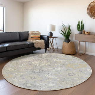Piper Looms Mayfield Damask AMF1026 Gray Machine Washable Area Rug Round Lifestyle Image Feature
