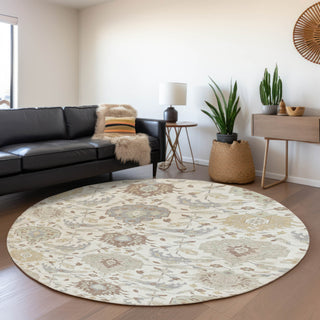 Piper Looms Mayfield Damask AMF1026 Ivory Machine Washable Area Rug Round Lifestyle Image Feature