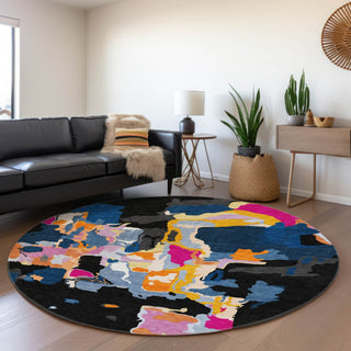 Piper Looms Mayfield Abstract AMF1028 Black Machine Washable Area Rug Round Lifestyle Image Feature
