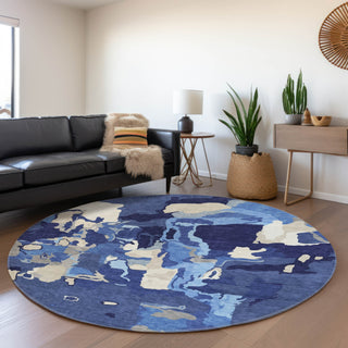 Piper Looms Mayfield Abstract AMF1028 Navy Machine Washable Area Rug Round Lifestyle Image Feature