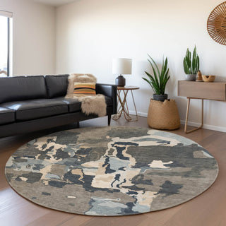 Piper Looms Mayfield Abstract AMF1028 Taupe Machine Washable Area Rug Round Lifestyle Image Feature