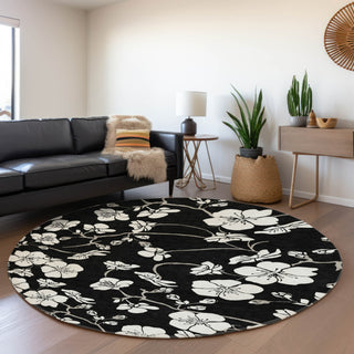 Piper Looms Mayfield Floral AMF1032 Black Machine Washable Area Rug Round Lifestyle Image Feature