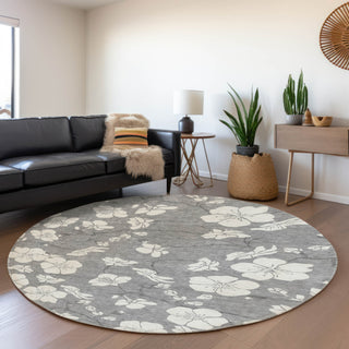 Piper Looms Mayfield Floral AMF1032 Gray Machine Washable Area Rug Round Lifestyle Image Feature