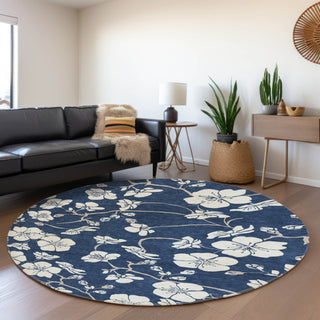 Piper Looms Mayfield Floral AMF1032 Navy Machine Washable Area Rug Round Lifestyle Image Feature