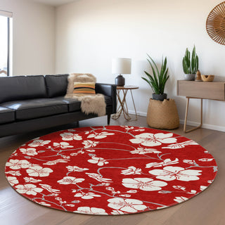 Piper Looms Mayfield Floral AMF1032 Red Machine Washable Area Rug Round Lifestyle Image Feature