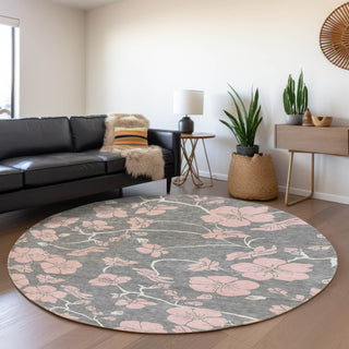Piper Looms Mayfield Floral AMF1034 Gray Machine Washable Area Rug Round Lifestyle Image Feature