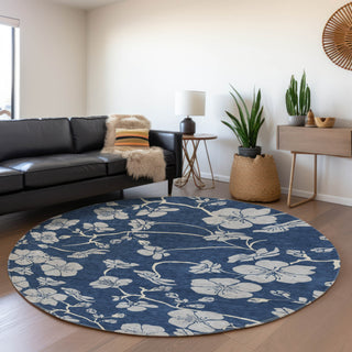 Piper Looms Mayfield Floral AMF1034 Navy Machine Washable Area Rug Round Lifestyle Image Feature