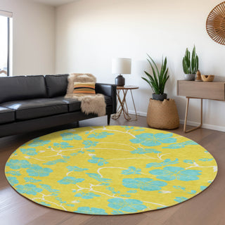 Piper Looms Mayfield Floral AMF1034 Yellow Machine Washable Area Rug Round Lifestyle Image Feature