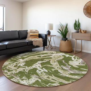 Piper Looms Mayfield Abstract AMF1035 Olive Machine Washable Area Rug Round Lifestyle Image Feature