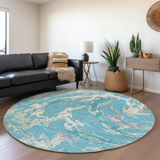 Piper Looms Mayfield Abstract AMF1035 Teal Machine Washable Area Rug Round Lifestyle Image Feature
