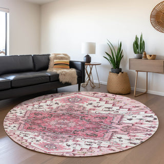 Piper Looms Mayfield Oriental AMF1036 Pink Machine Washable Area Rug Round Lifestyle Image Feature