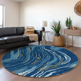 Piper Looms Mayfield Swirls AMF1037 Navy Machine Washable Area Rug Round Lifestyle Image Feature