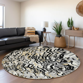 Piper Looms Mayfield Swirls AMF1038 Black Machine Washable Area Rug Round Lifestyle Image Feature