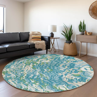 Piper Looms Mayfield Swirls AMF1038 Teal Machine Washable Area Rug Round Lifestyle Image Feature