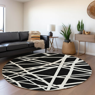 Piper Looms Mayfield Geometric AMF1040 Black Machine Washable Area Rug Round Lifestyle Image Feature