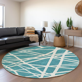 Piper Looms Mayfield Geometric AMF1040 Teal Machine Washable Area Rug Round Lifestyle Image Feature