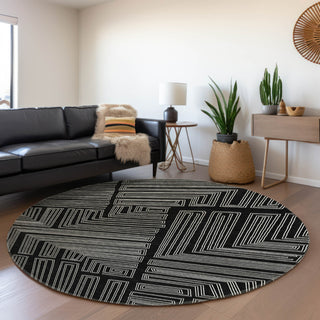 Piper Looms Mayfield Geometric AMF1045 Black Machine Washable Area Rug Round Lifestyle Image Feature