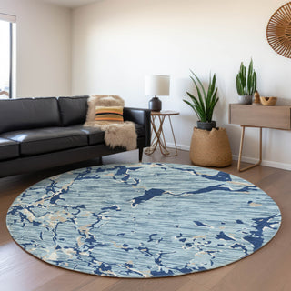 Piper Looms Mayfield Stripes AMF1046 Denim Machine Washable Area Rug Round Lifestyle Image Feature