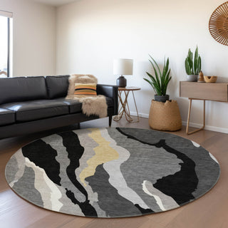 Piper Looms Mayfield Waves AMF1047 Black Machine Washable Area Rug Round Lifestyle Image Feature