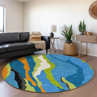 Piper Looms Mayfield Waves AMF1047 Denim Machine Washable Area Rug Round Lifestyle Image Feature