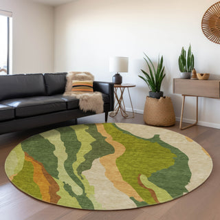 Piper Looms Mayfield Waves AMF1047 Green Machine Washable Area Rug Round Lifestyle Image Feature