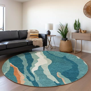 Piper Looms Mayfield Waves AMF1047 Teal Machine Washable Area Rug Round Lifestyle Image Feature