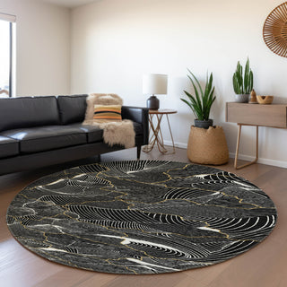 Piper Looms Mayfield Lines AMF1048 Black Machine Washable Area Rug Round Lifestyle Image Feature