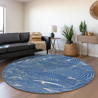 Piper Looms Mayfield Lines AMF1048 Blue Machine Washable Area Rug Round Lifestyle Image Feature