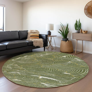 Piper Looms Mayfield Lines AMF1048 Olive Machine Washable Area Rug Round Lifestyle Image Feature