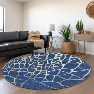 Piper Looms Mayfield Squares AMF1049 Navy Machine Washable Area Rug Round Lifestyle Image Feature