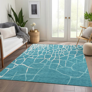 Piper Looms Mayfield Squares AMF1049 Teal Machine Washable Area Rug Lifestyle Image Feature