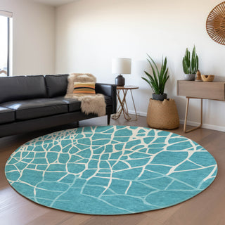 Piper Looms Mayfield Squares AMF1049 Teal Machine Washable Area Rug Round Lifestyle Image Feature