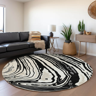 Piper Looms Mayfield Swirls AMF1051 Black Machine Washable Area Rug Round Lifestyle Image Feature