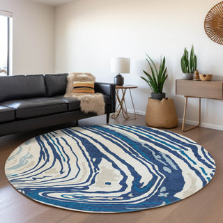 Piper Looms Mayfield Swirls AMF1051 Navy Machine Washable Area Rug Round Lifestyle Image Feature