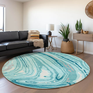 Piper Looms Mayfield Swirls AMF1051 Turquoise Machine Washable Area Rug Round Lifestyle Image Feature