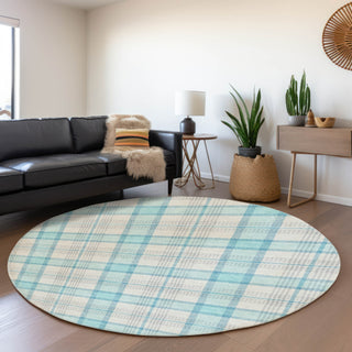 Piper Looms Mayfield Plaid AMF1052 Aqua Machine Washable Area Rug Round Lifestyle Image Feature