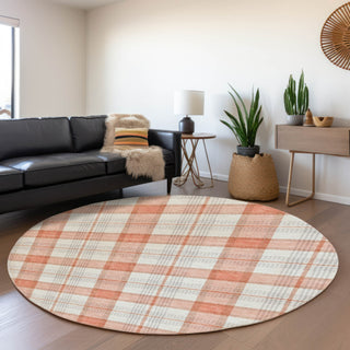 Piper Looms Mayfield Plaid AMF1052 Coral Machine Washable Area Rug Round Lifestyle Image Feature