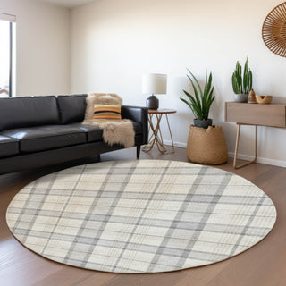 Piper Looms Mayfield Plaid AMF1052 Silver Machine Washable Area Rug Round Lifestyle Image Feature