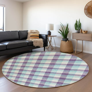 Piper Looms Mayfield Plaid AMF1053 Purple Machine Washable Area Rug Round Lifestyle Image Feature