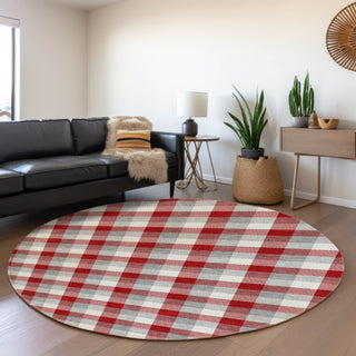 Piper Looms Mayfield Plaid AMF1053 Red Machine Washable Area Rug Round Lifestyle Image Feature