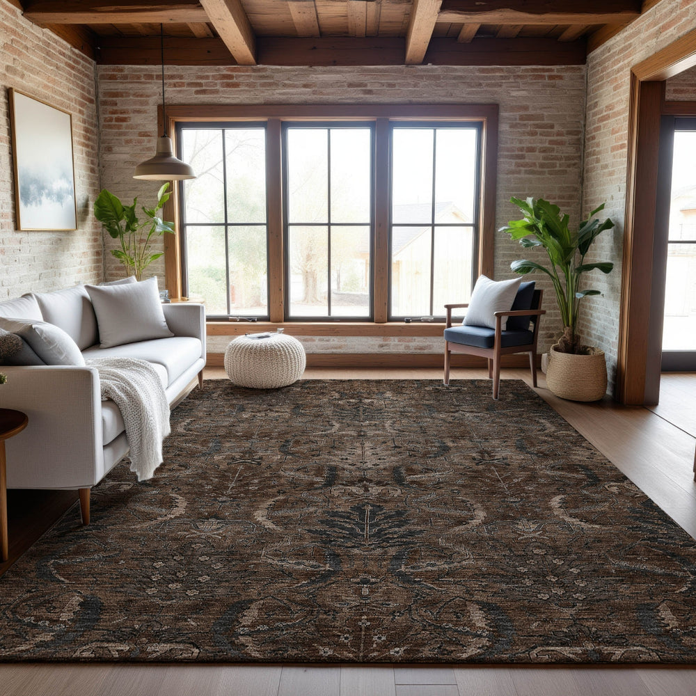 Piper Looms Mayfield Damask AMF1082 Fudge Machine Washable Area Rug Lifestyle Image Feature