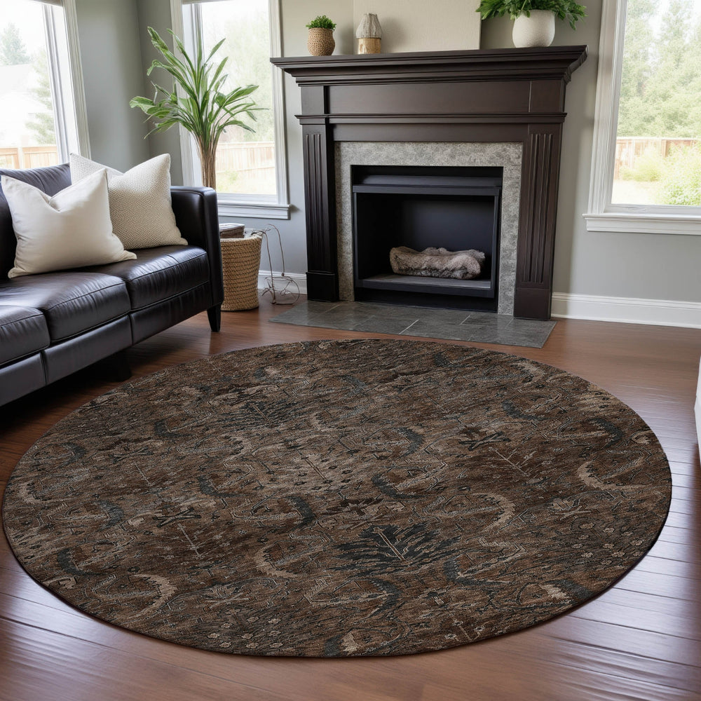 Piper Looms Mayfield Damask AMF1082 Fudge Machine Washable Area Rug Round Lifestyle Image Feature