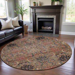 Piper Looms Mayfield Damask AMF1082 Khaki Machine Washable Area Rug Round Lifestyle Image Feature