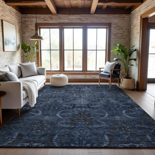 Piper Looms Mayfield Damask AMF1082 Navy Machine Washable Area Rug Lifestyle Image Feature