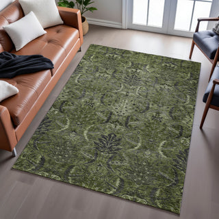 Piper Looms Mayfield Damask AMF1082 Olive Machine Washable Area Rug Lifestyle Image Feature
