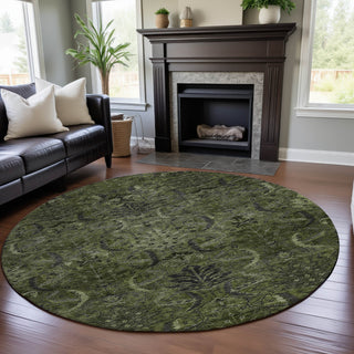 Piper Looms Mayfield Damask AMF1082 Olive Machine Washable Area Rug Round Lifestyle Image Feature